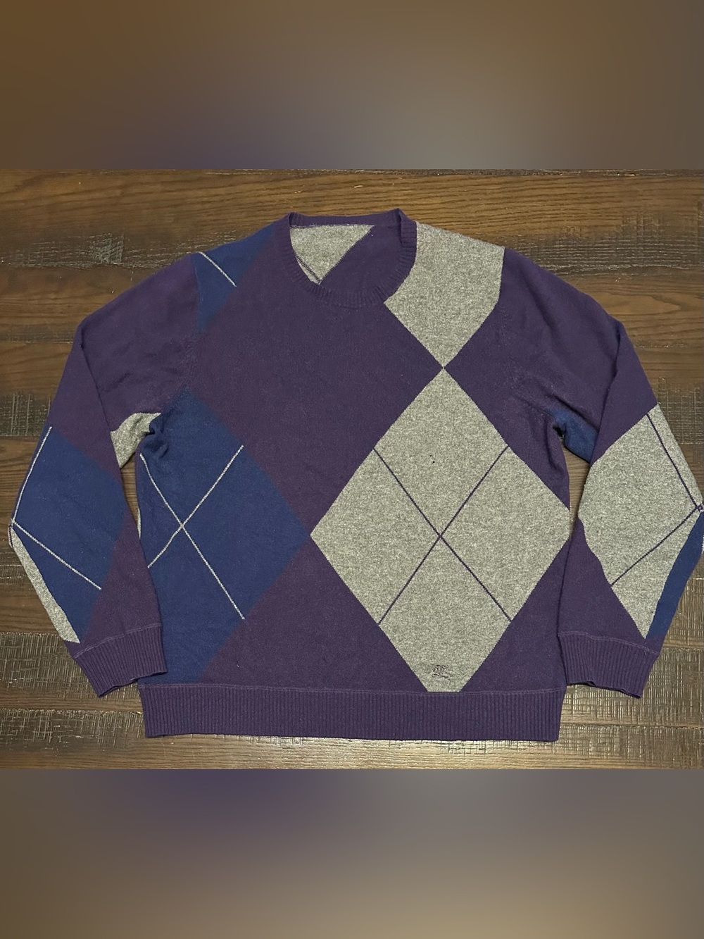 Burberry London Purple Argyle Cashmere Pullover Diamond Sweater Large Mens